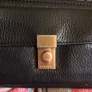 DKNY Black Leather Card Holder with Gold Accent